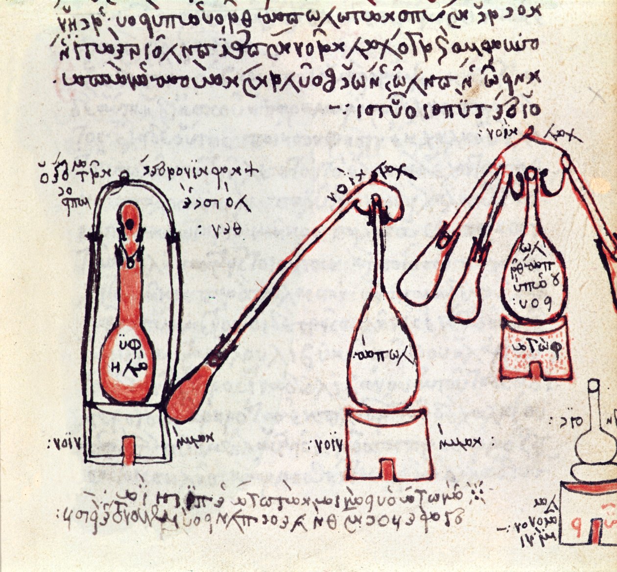 Ms 2327 f.81v Två alembics och deras mottagare, kopia av en avhandling om alkemi från sent 3:e eller tidigt 400-tal av Zosimos av Panoplis av Greek School