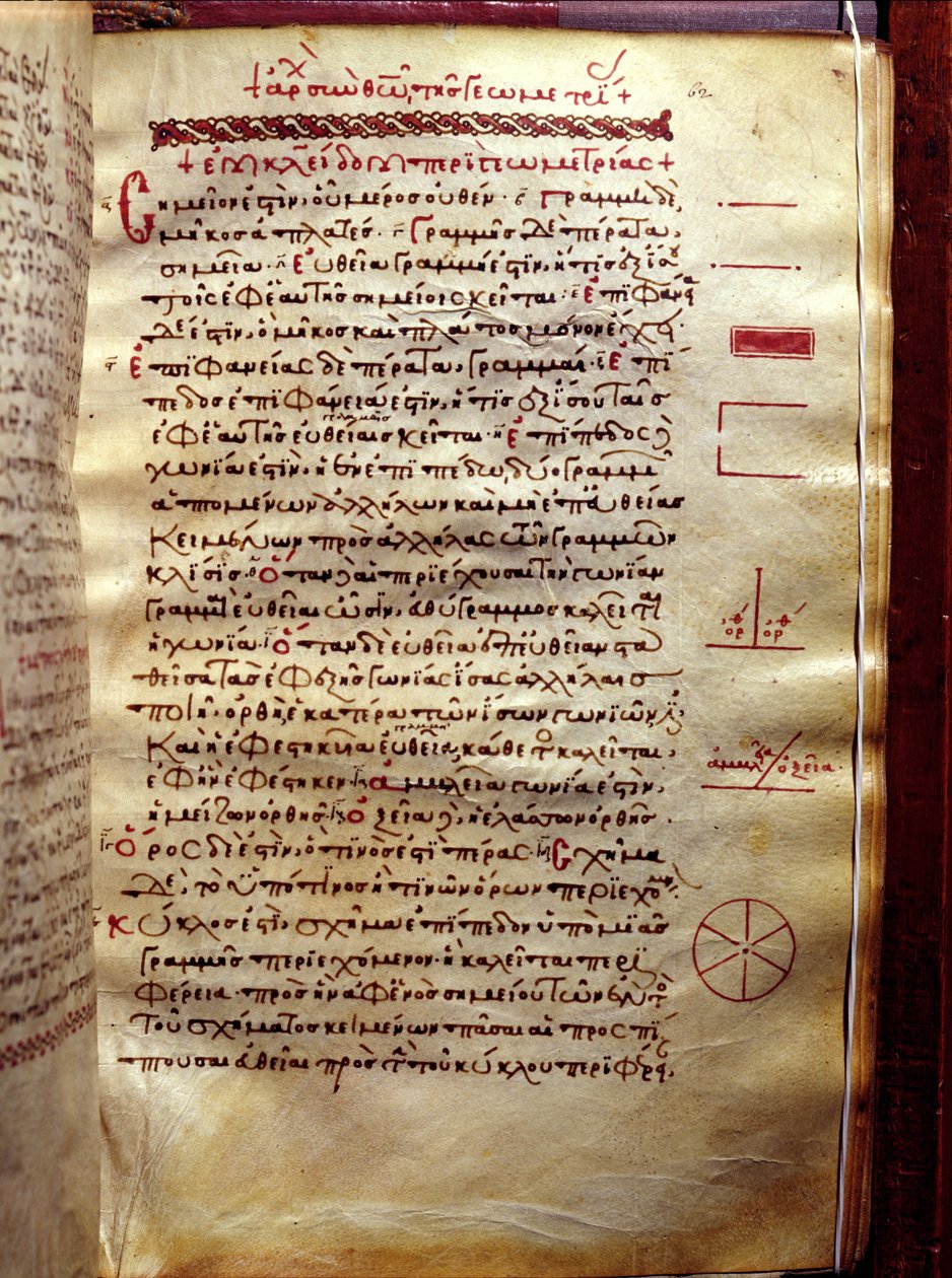 Sida med text med geometriska figurer, från Geometry av Euclid (3:e århundradet f.Kr.) av Greek School