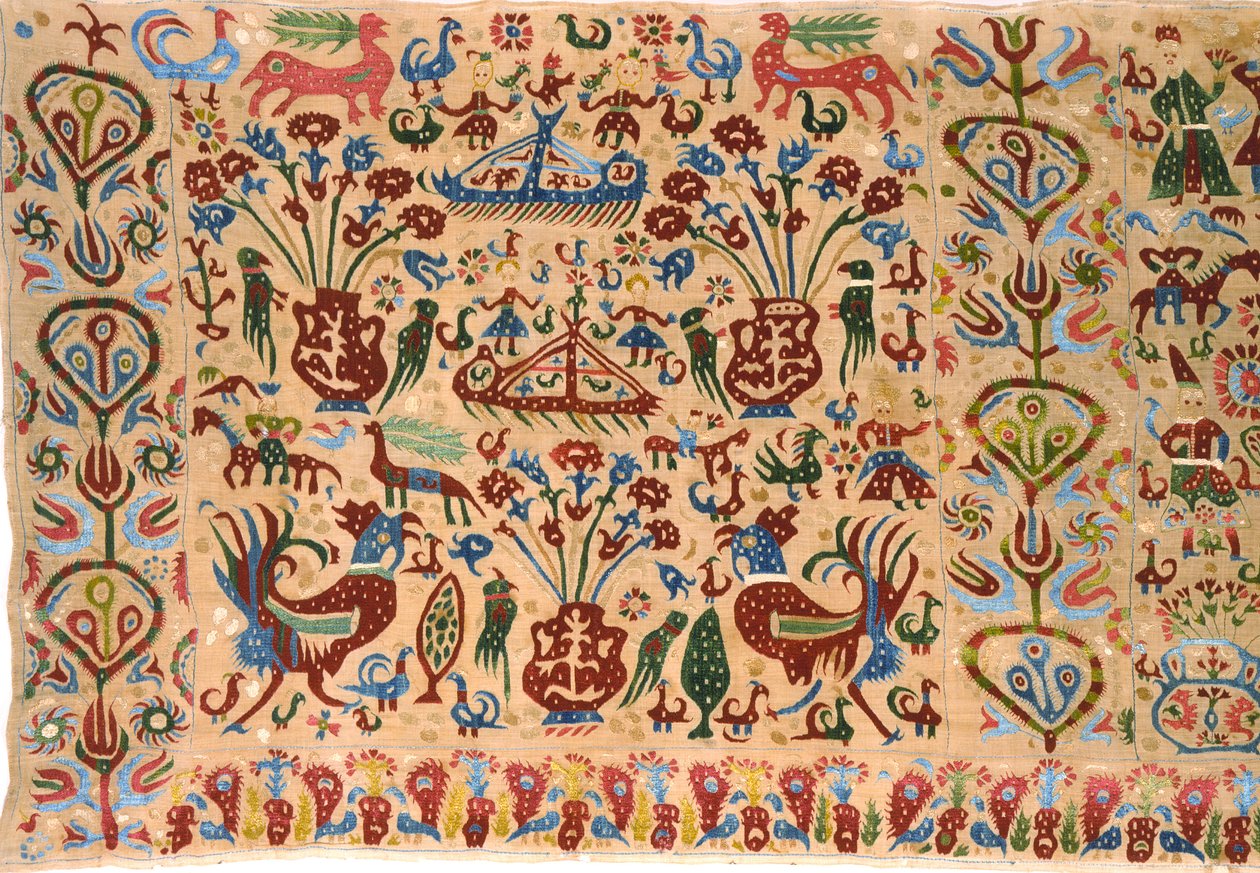 Del av en brudsäng, från Ioannina, Ipeiros (linne broderat med sidentrådar) (detalj) (se även 271903) av Greek School