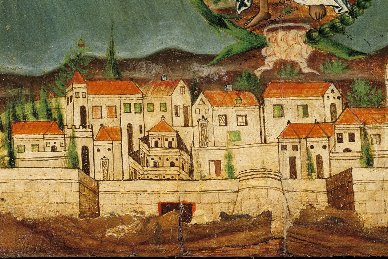 Pelmet föreställande Greklands återfödelse, detalj av Konstantinopel, från Syros, Kykladerna (äggtempera på trä) av Greek School