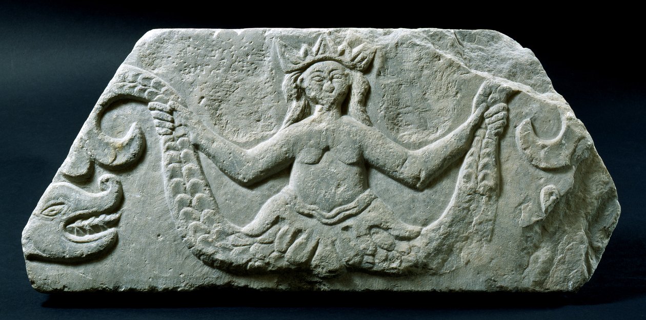 Relief föreställande en tvillingsvansad sjöjungfru, möjligen från Kykladerna, sent 1700-tal (marmor) av Greek School