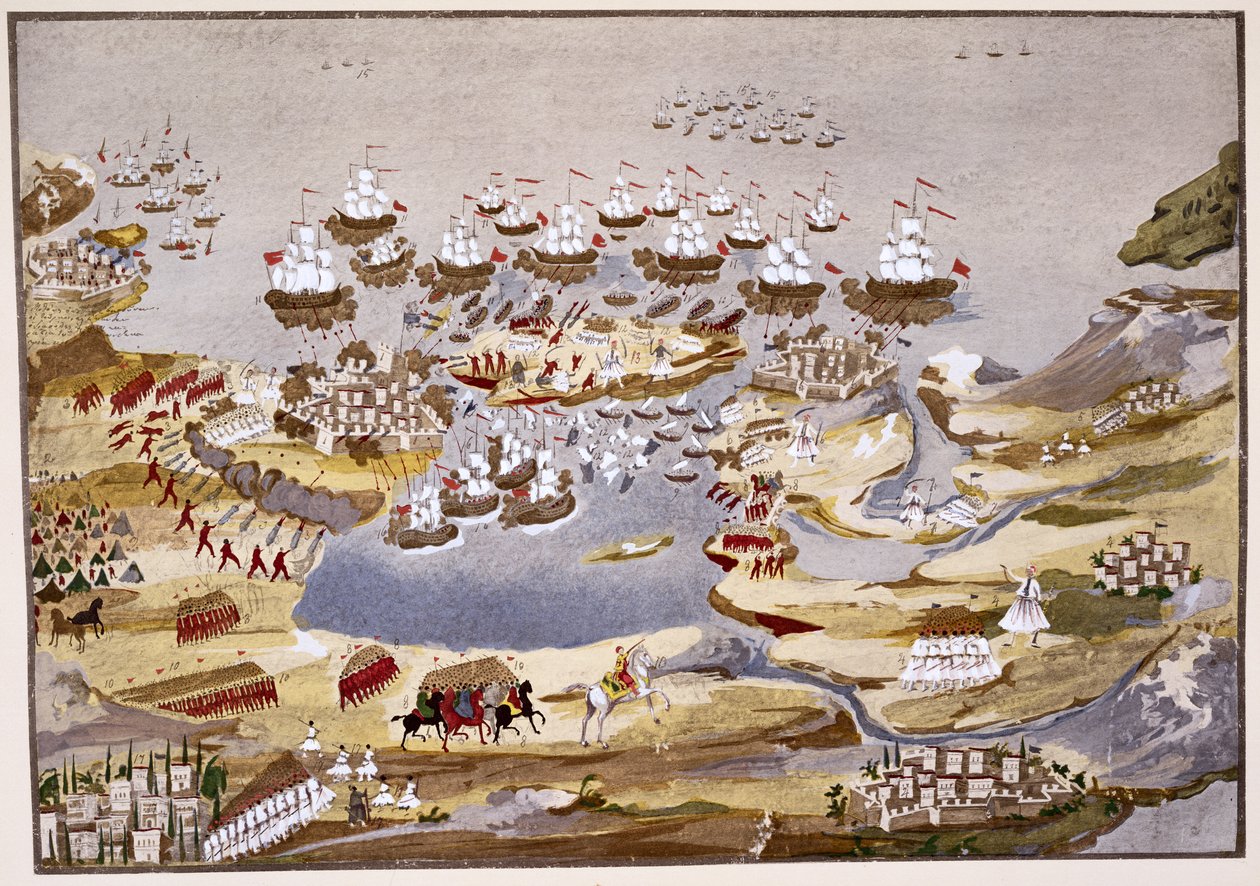 Siege and Naval Battle, plåt 13 från Pictorial History of the Greek Independence War of Independence av General Makryjannis av Greek School