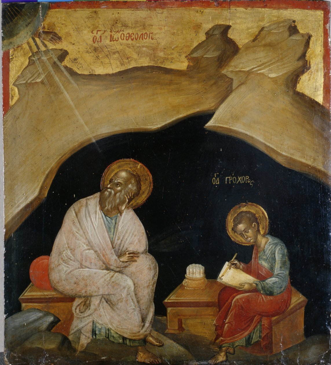 Evangelisten Johannes med sin skrivare Prochoros (glansfärg på poppelträ) av Greek School
