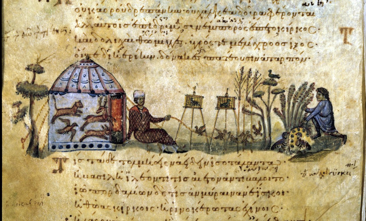 Jakten på fåglar vid kallelsen. Grekiskt manuskript av Oppianus De Venatione av Greek School