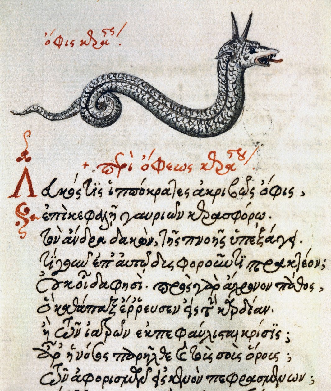 Avhandling om basilisk, test och miniatyr från Aelianus (2:a-3:e århundradet e.Kr.) av Greek School
