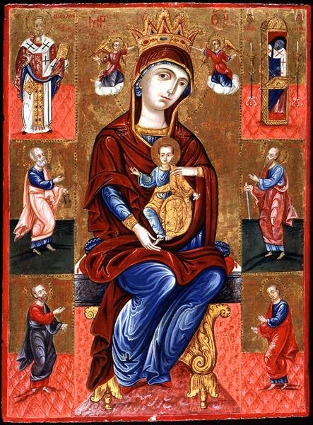 Skopiotisas jungfru med Kristus och sex helgon, ca 1700 (bladguld och tempera på panel) av Greek School