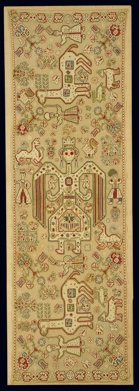 Kuddfodral för brud, från Lefkas, Joniska öarna, 1600-1700-talet (linne broderat med siden och guldmetalltråd) av Greek School