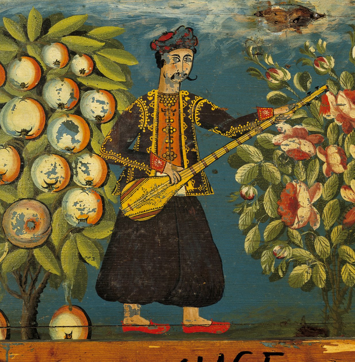 Detalj av en musiker från en kista, från Mytilini, Lesbos, 1700-1800-talet (äggtempera på trä) av Greek School