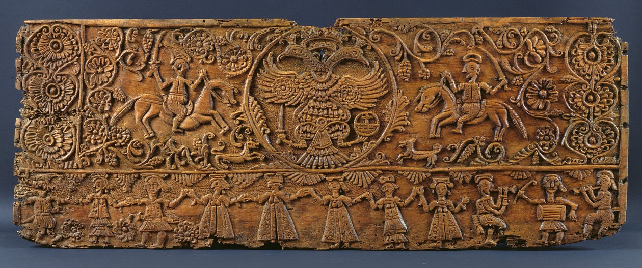 Framsidan av en kista, från Mani, Peloponnesos, 1600-1700-talet (snidat trä) av Greek School