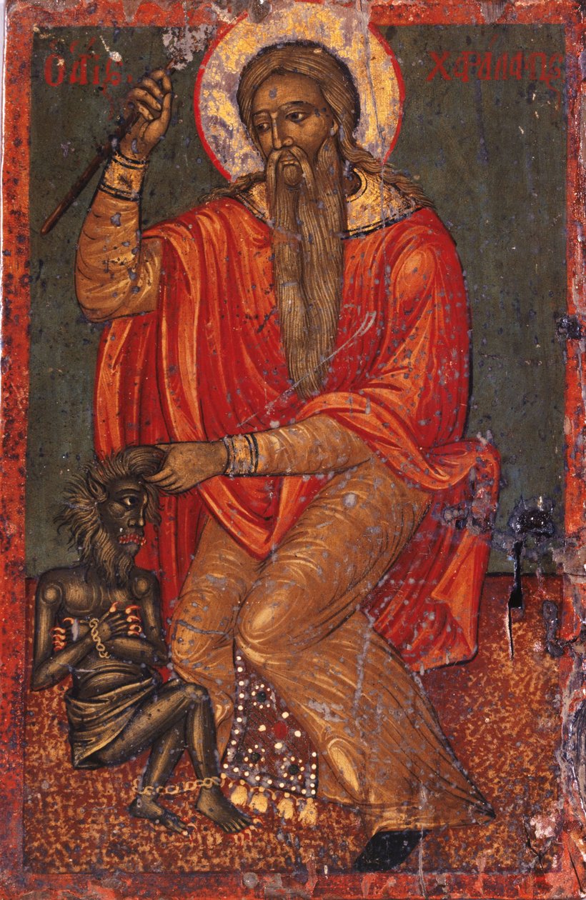 Saint Charalambos med djävulen av Greek icon