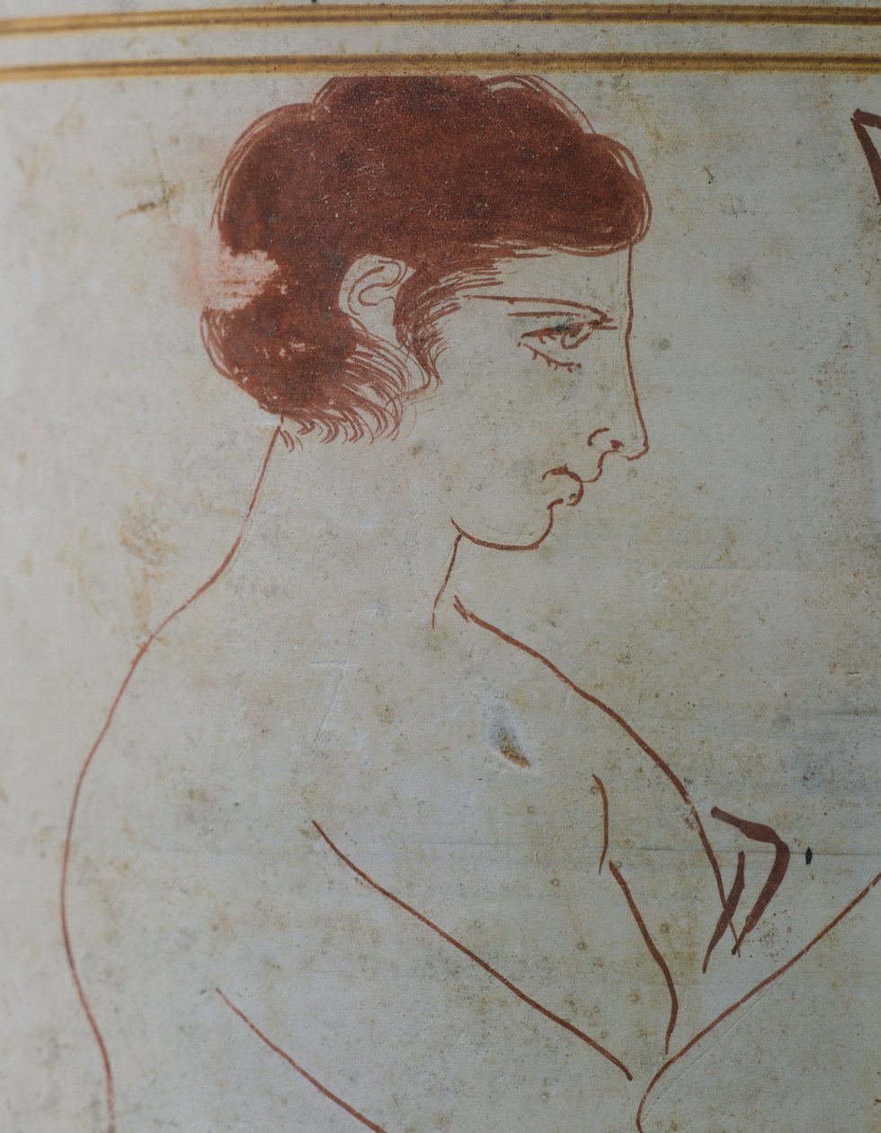 Attic lekythos, som visar en begravningsscen av en krigare som sitter framför hans grav, 420-410 f.Kr., tillskriven målaren Parrhasius av Efesos, vitmald keramik från Aten, Grekland. Detalj. Grekisk civilisation, 500-talet f.Kr. av Greek School