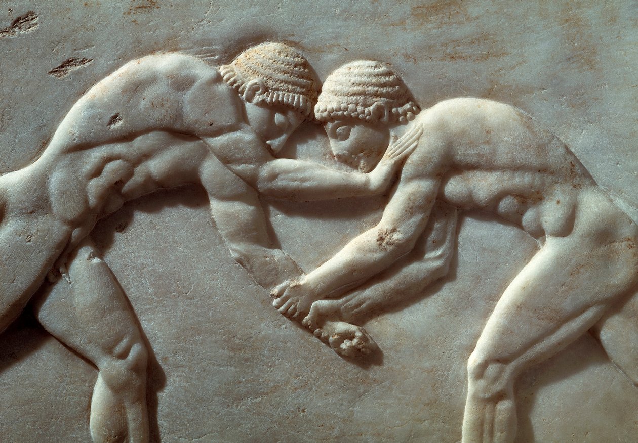 Tävling mellan idrottare, lättnad från Kerameikos nekropolis i Aten, Grekland, detalj, grekisk civilisation, 600-talet f.Kr. av Greek School