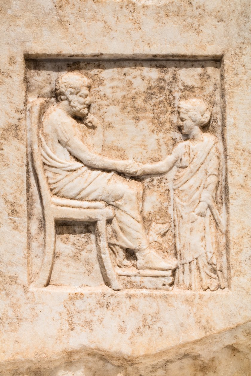 Begravningsstele: ung flicka och hennes far med en hund (marmor) av Greek School