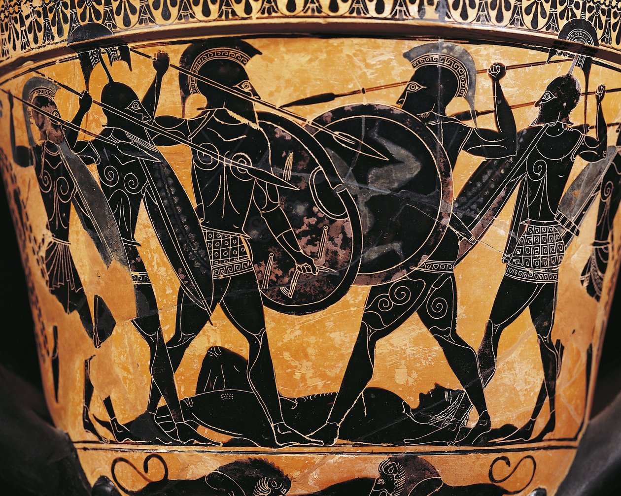 Grekisk civilisation, keramik med svarta figurer, Krater som skildrar kampen om Patroklos kropp, Från Farsala, Grekland av Greek School