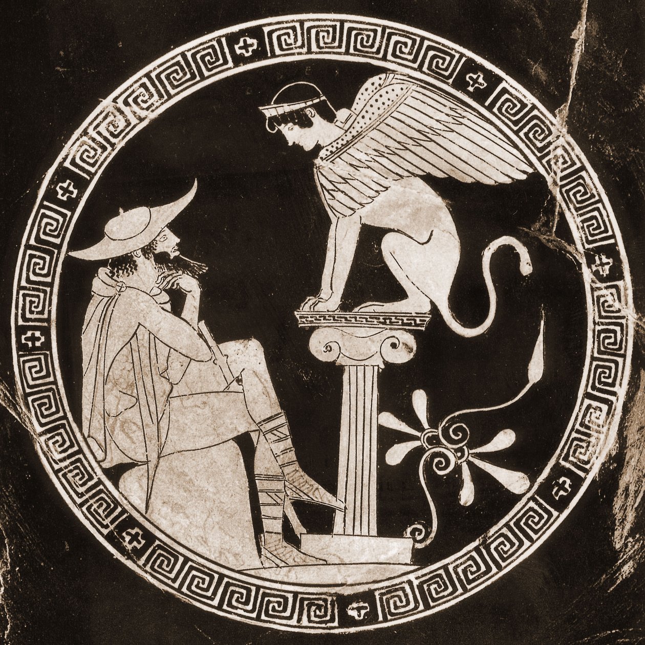 Oidipus svarar på frågor från sfinxen i Thebe, 5:e århundradet f.Kr. (keramik) av Greek School