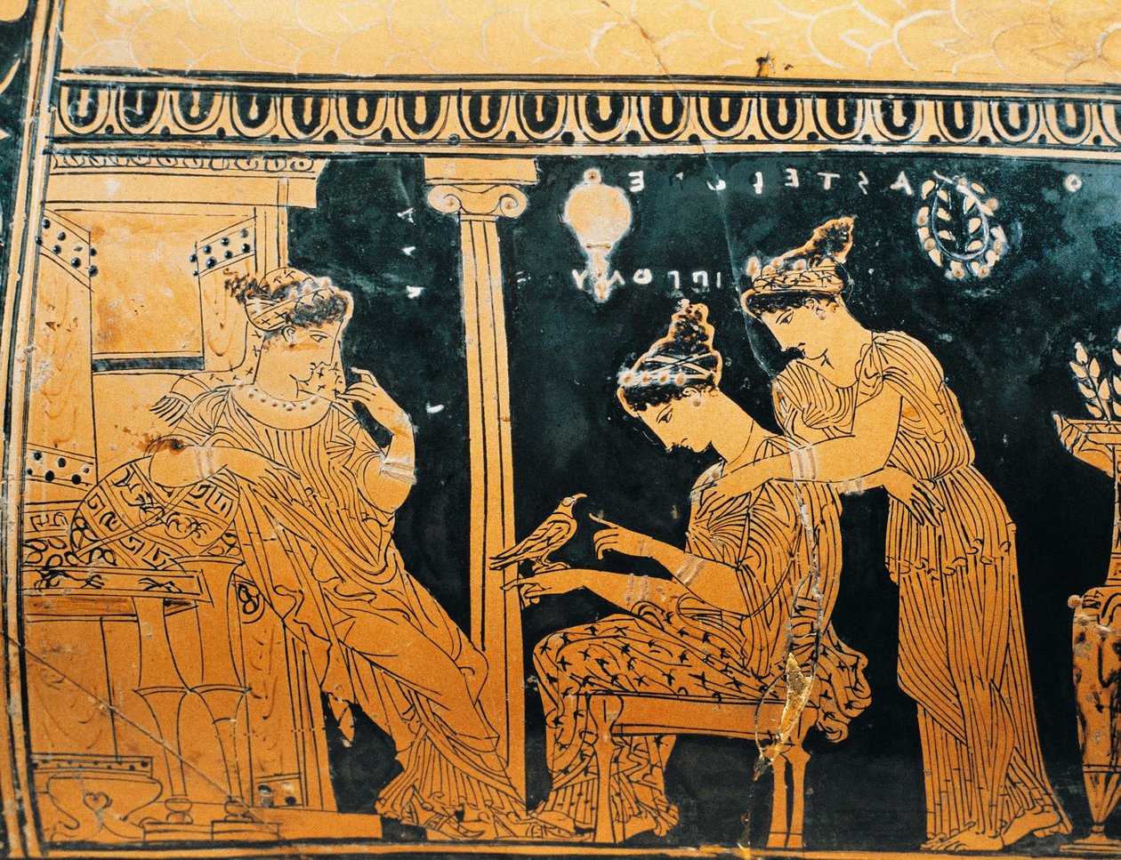 Keramik med röd figur, Epinetron av Eretria Målare föreställande kvinna vid hennes toalett, detalj av Greek School