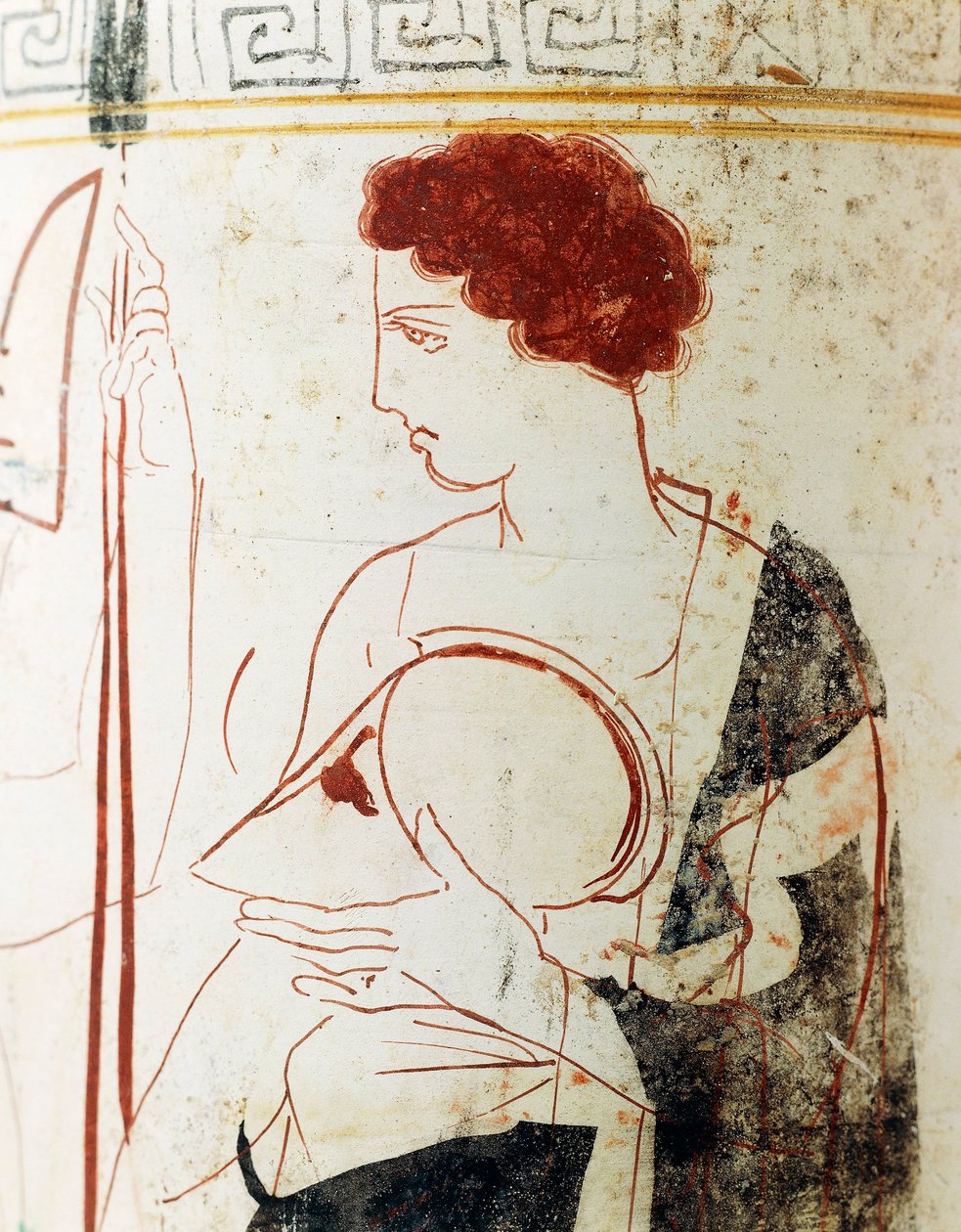 Vitmald keramik, Attic lekythos skildrar begravningsscen med krigare före graven, detalj av Greek School