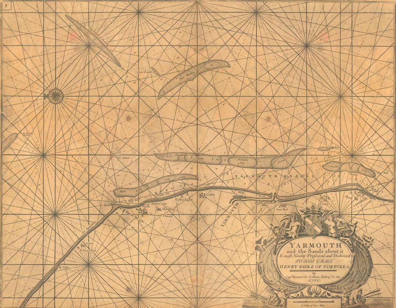 Karta över Yarmouth och sanden runtomkring, ca 1700 (kolorerad gravyr) av Greenvile Collins