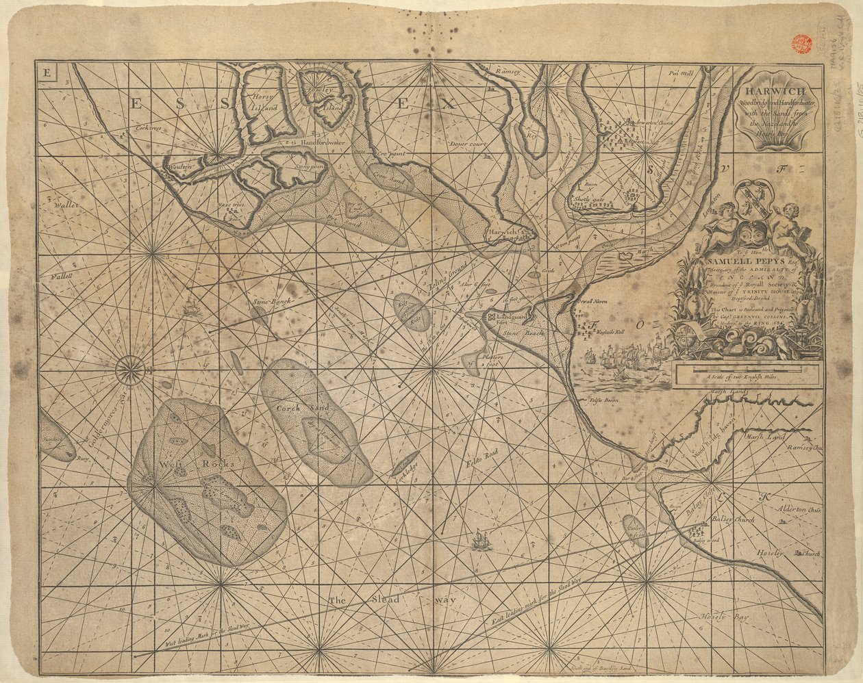 Sjökort över Nordsjön tillägnat "Ye Honble Samuel Pepys Esq by Captain Greenvil Collins Hydrog to the King 1686 av Greenvile Collins