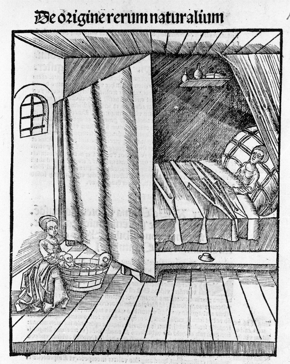 En barnmorska städar det nyfödda barnet medan mamman vilar. Gravyr - i "" Margarita Philosophica"" av Gregor Reisch (1467-1525), Basel av Gregor Reisch