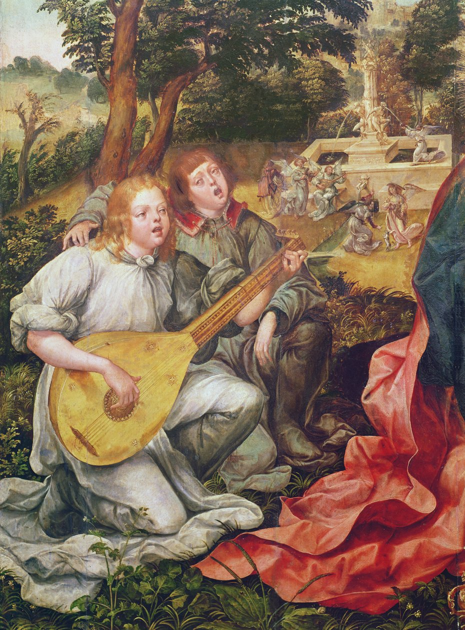 Jungfru och barn med änglar, detalj av Änglamusikerna, 1536-38 av Gregorio Lopez