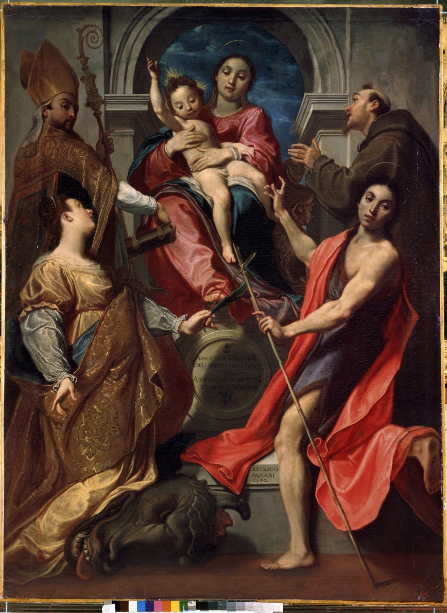 Jungfru och barn med de heliga Franciskus av Assisi, Johannes Döparen, Sankta Margareta av Antiokia och Sankta Gregorius den store (Jungfru och barn med de heliga Frans av Assisi, Johannes Döparen, Margareta och Gregorius den store). Målning av Gregoire Pa av Gregorio Pagani