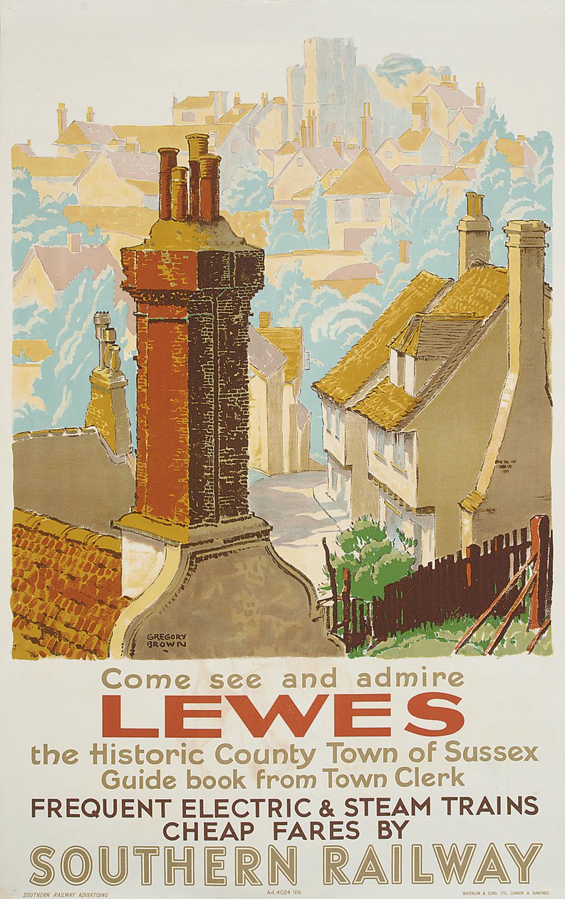 Lewes, affisch som annonserar Southern Railway (färg litho) av F. Gregory Brown
