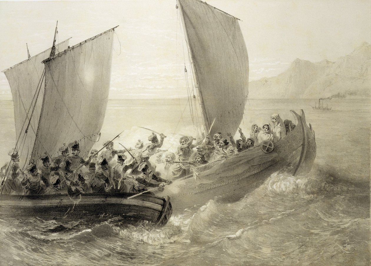 Azovkosacker som går ombord på en turkisk korsair full av kvinnor från Tjerkessk vid Svarta havets kust, graverad av Adolphe Bayot (1810-66) och Leon Sabatier (fl.1827-87), utgiven av Alfred Leon Lemercier, 1847 ( av Grigori Grigorevich Gagarin