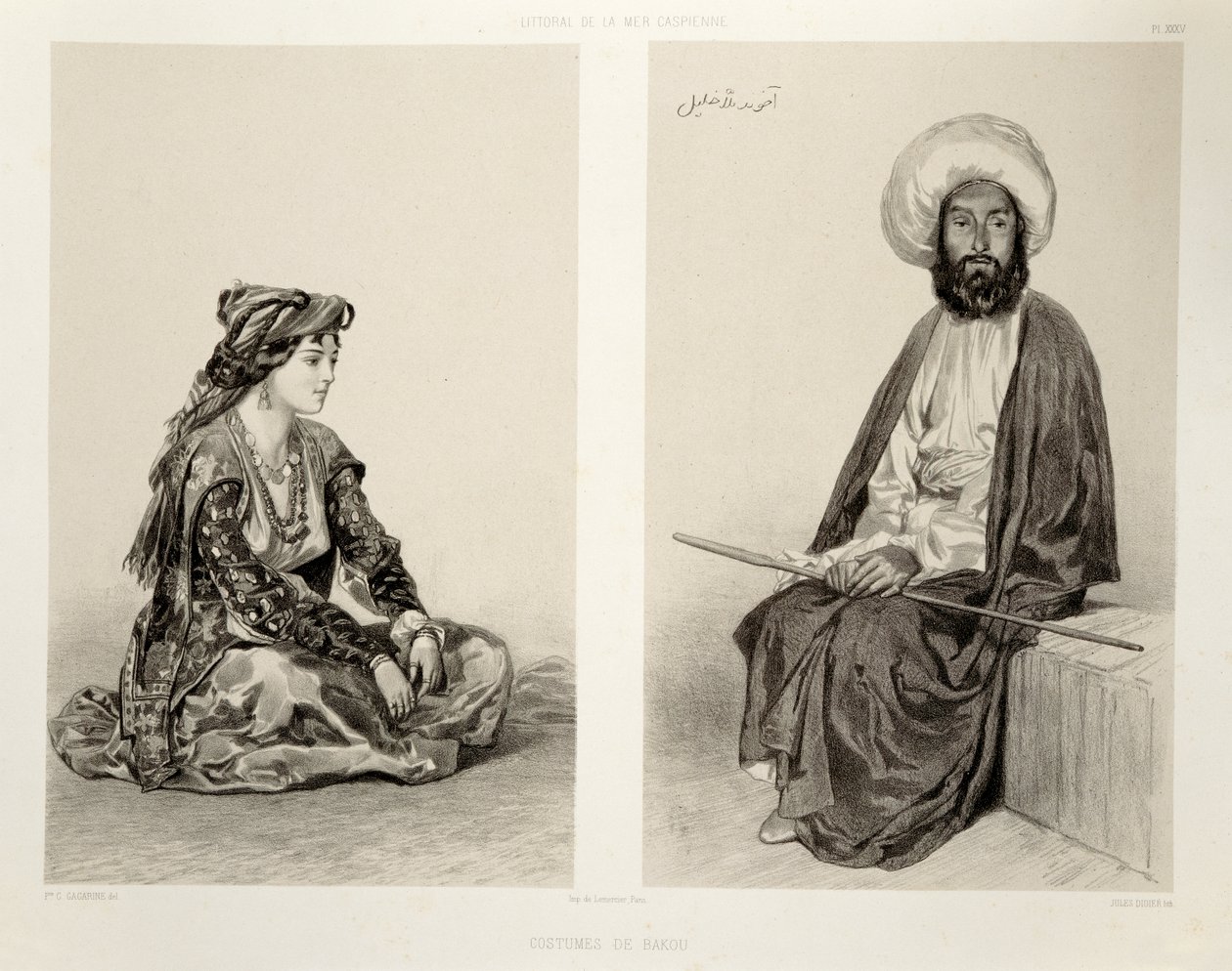 Kostymer från Baku, Kaspiska kusten, skylt 35 från en bok om Kaukasus, graverad av Jules Didier (1831-92), utgiven av Alfred Leon Lemercier, Paris, 1847 av Grigori Grigorevich Gagarin