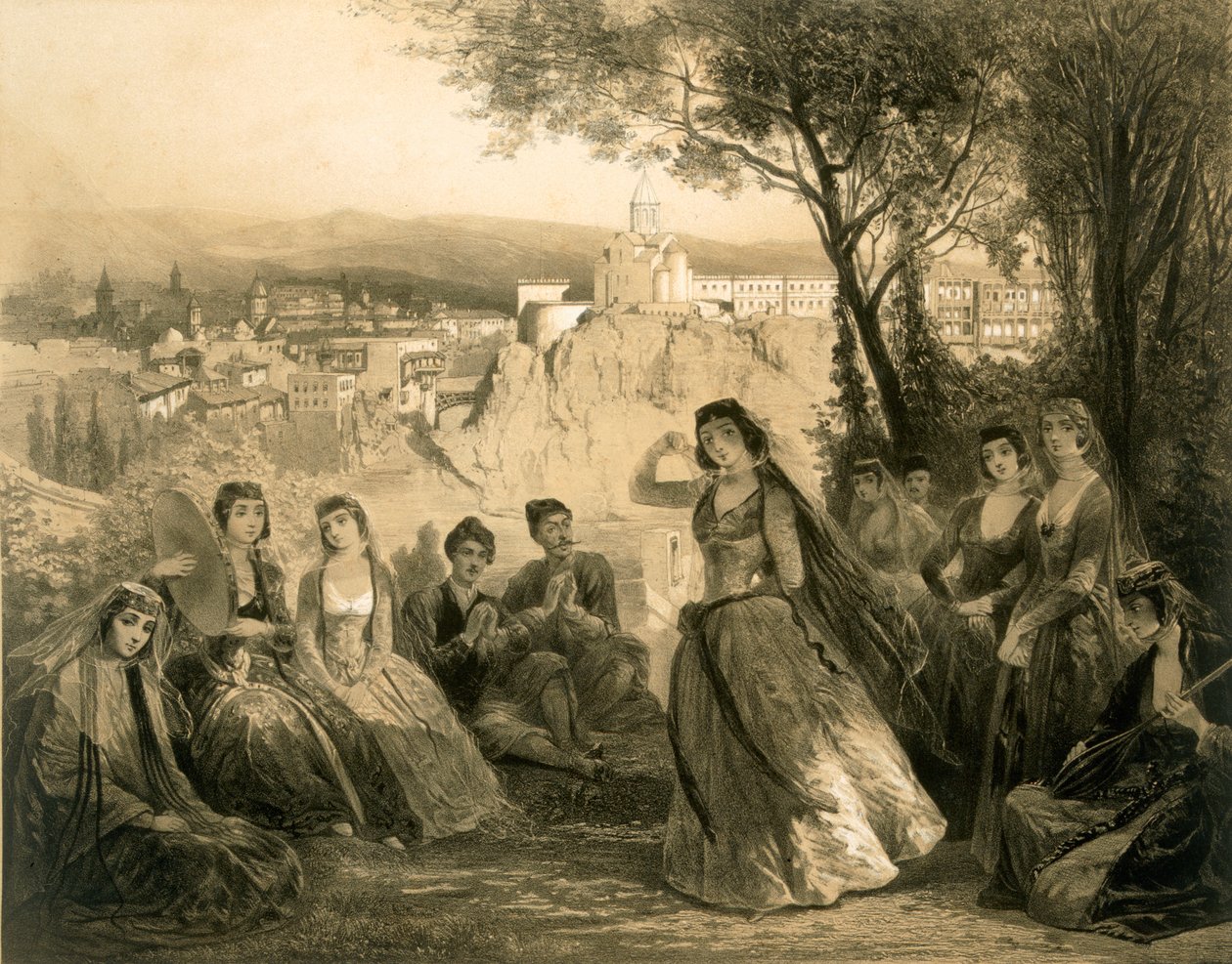 Trädgård nära Tiflis, Georgia, skylt 27 från en bok om Kaukasus, publicerad av Alfred Leon Lemercier, Paris, 1847 av Grigori Grigorevich Gagarin