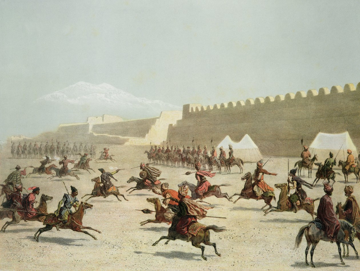 Kurdiska och tatariska krigare vid Sadar Abbat, Armenien, plåt 15 från en bok om Kaukasus, Rayot och Jacottet, utgiven av Alfred Leon Lemercier, Paris, 1847 av Grigori Grigorevich Gagarin