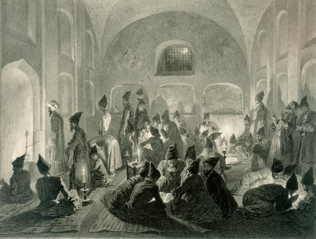 Persiska moskén i Jerevan, Armenien, en natt under Ramadan, skylt 19 från en bok om Kaukasus, graverad av Eugene Le Roux (1807-63) publicerad av Alfred Leon Lemercier, Paris, 1847 av Grigori Grigorevich Gagarin