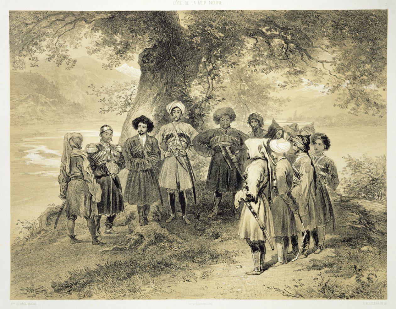 Reunion of Tcherkesse Princes, Sodja Valley, on the Black Sea, skylt 3 från en bok om Kaukasus, graverad av Adolphe Mouilleron (1820-81), utgiven av Alfred Leon Lemercier, Paris, 1847 av Grigori Grigorevich Gagarin