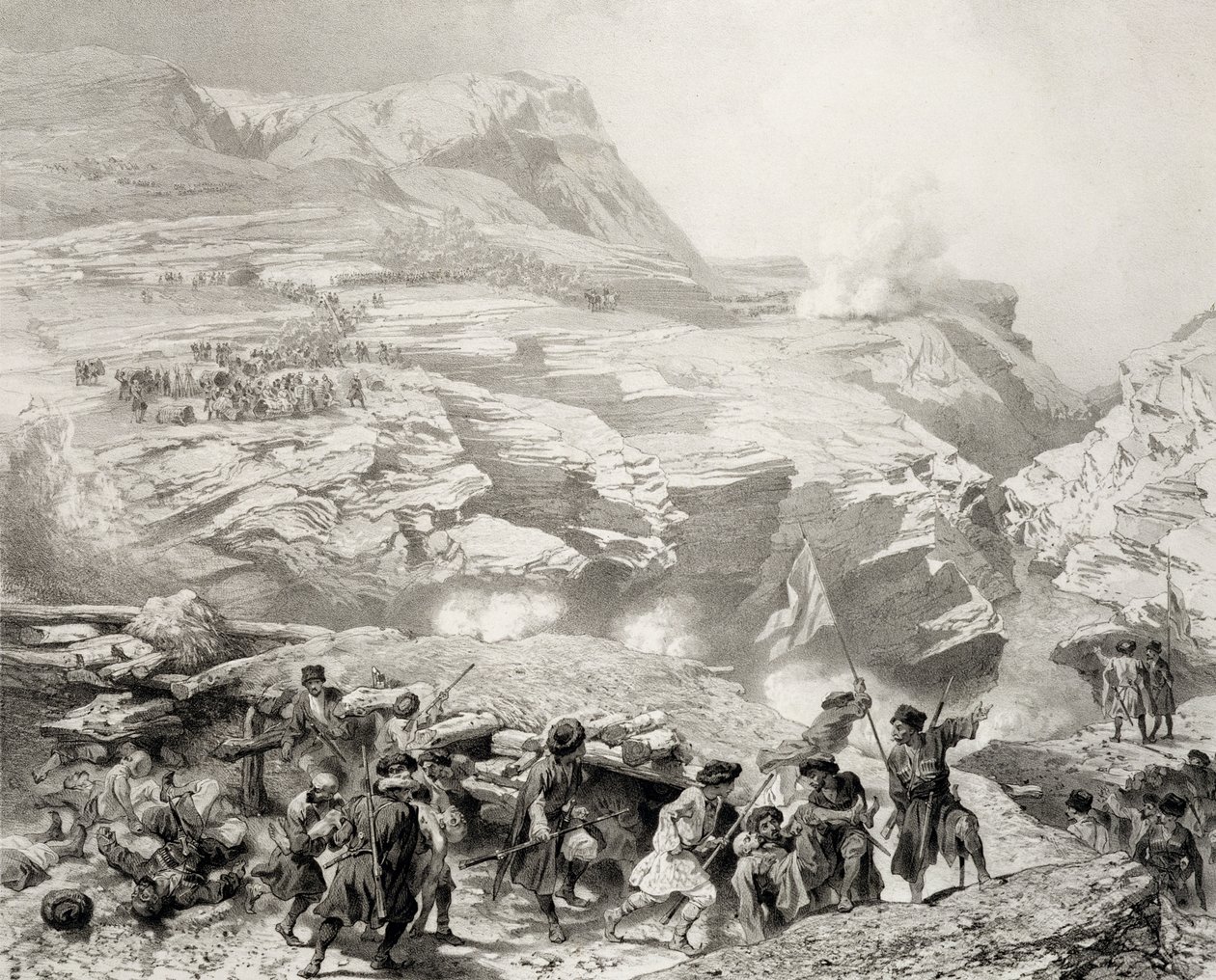Soulakpasset vid Akhati, Dagestan, tavla 61 från en bok om Kaukasus, graverad av Eugene Ciceri (1813-90) och Adolphe Jean-Baptiste Bayot (1810-66) utgiven av Alfred Leon Lemercier, Paris, 1847 (lit. av Grigori Grigorevich Gagarin