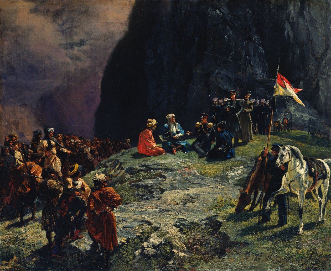 General Kluke von Klugenau och Imam Shamils möte 1837, 1849 av Grigori Grigorevich Gagarin
