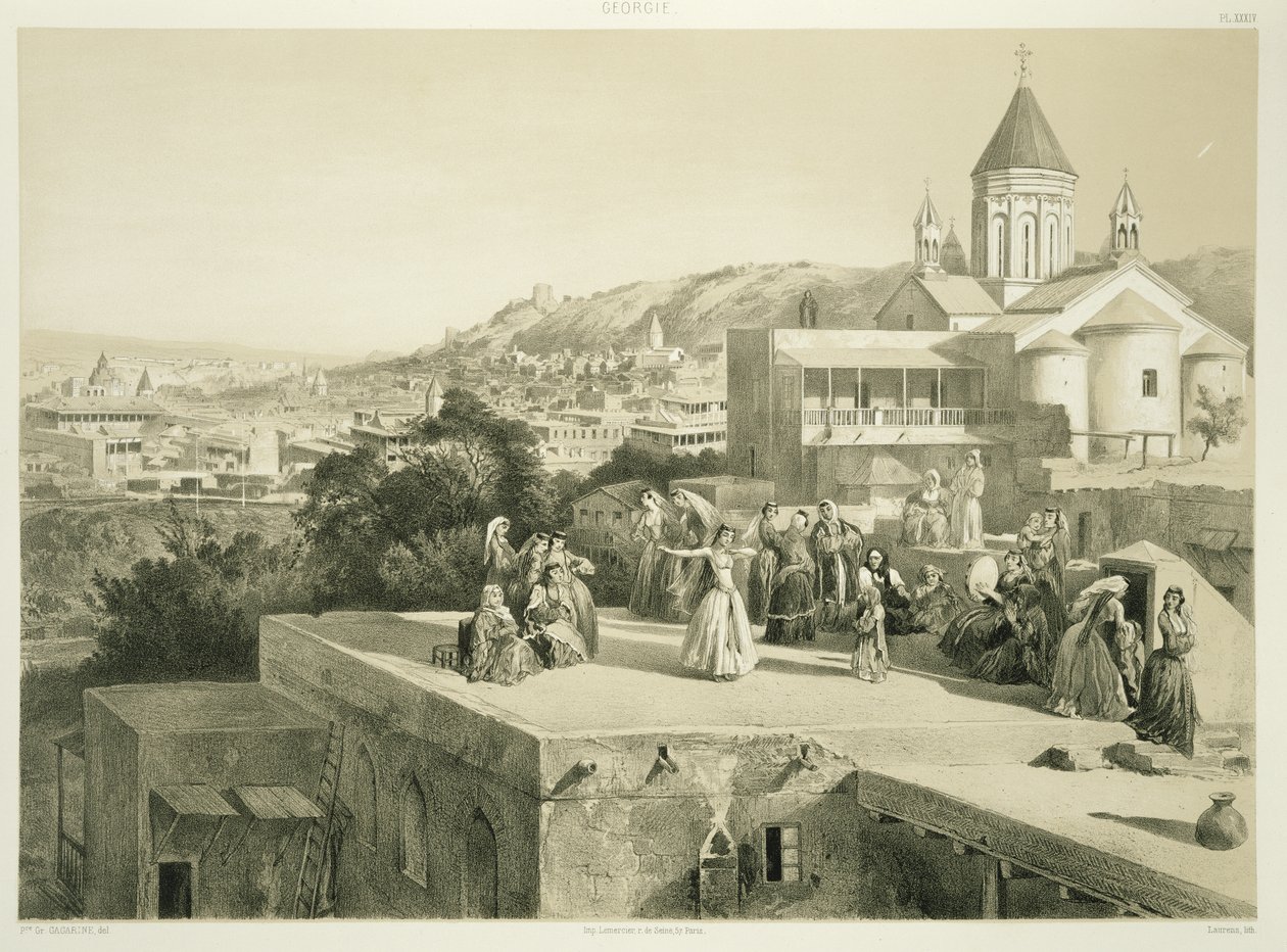 The Terraces of Tiflis, Georgia, plåt 34 från en bok om Kaukasus, graverad av Laurens, utgiven av Alfred Leon Lemercier, Paris, 1847 av Grigori Grigorevich Gagarin
