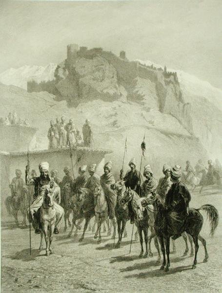 Castle of Atskhour, Akhaltsik, plåt 10 från en bok om Kaukasus, graverad av Adolphe Mouilleron (1820-81) utgiven av Alfred Leon Lemercier, Paris av Grigori Grigorevich (after) Gagarin