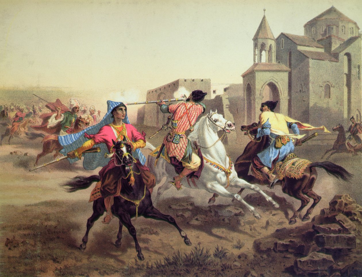 skärmytsling mellan perser och kurder i Armenien, tryckt av Alfred Leon Lemercier, Paris, ca 1850-60 (lito i färg) av Grigori Grigorevich (after) Gagarin