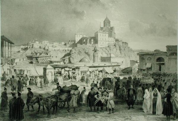 Bazaren på Maidan-torget i Tiflis, Georgien, tavla 25 från en bok om Kaukasus, graverad av Adolphe Jean-Baptiste Bayot (1810-66) och Eugene Ciceri (1813-90), utgiven av Alfred Leon Lemercier, Paris. av Grigori Grigorevich (after) Gagarin