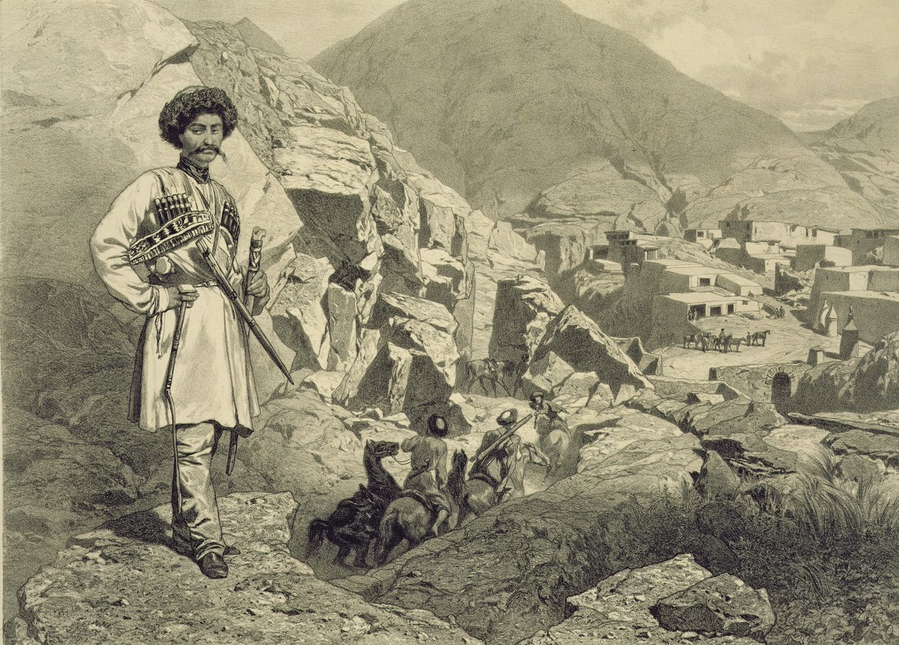 Anländer till Tsatanykh, Dagestan, plåt 12 från en bok om Kaukasus, graverad av Jules Didier (1831-92), utgiven av Alfred Leon Lemercier, Paris, 1847 av Grigori Grigorevich Gagarin