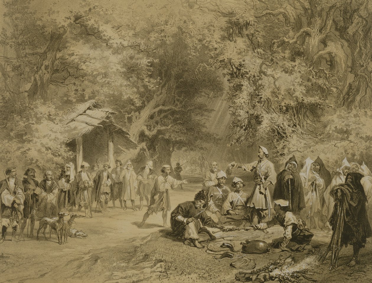 End of the Hunt, Mingrelia, plansch 6 från en bok om Kaukasus, graverad av Adolphe Mouilleron (1820-81), utgiven av Alfred Leon Lemercier, Paris, 1847. av Grigori Grigorevich Gagarin