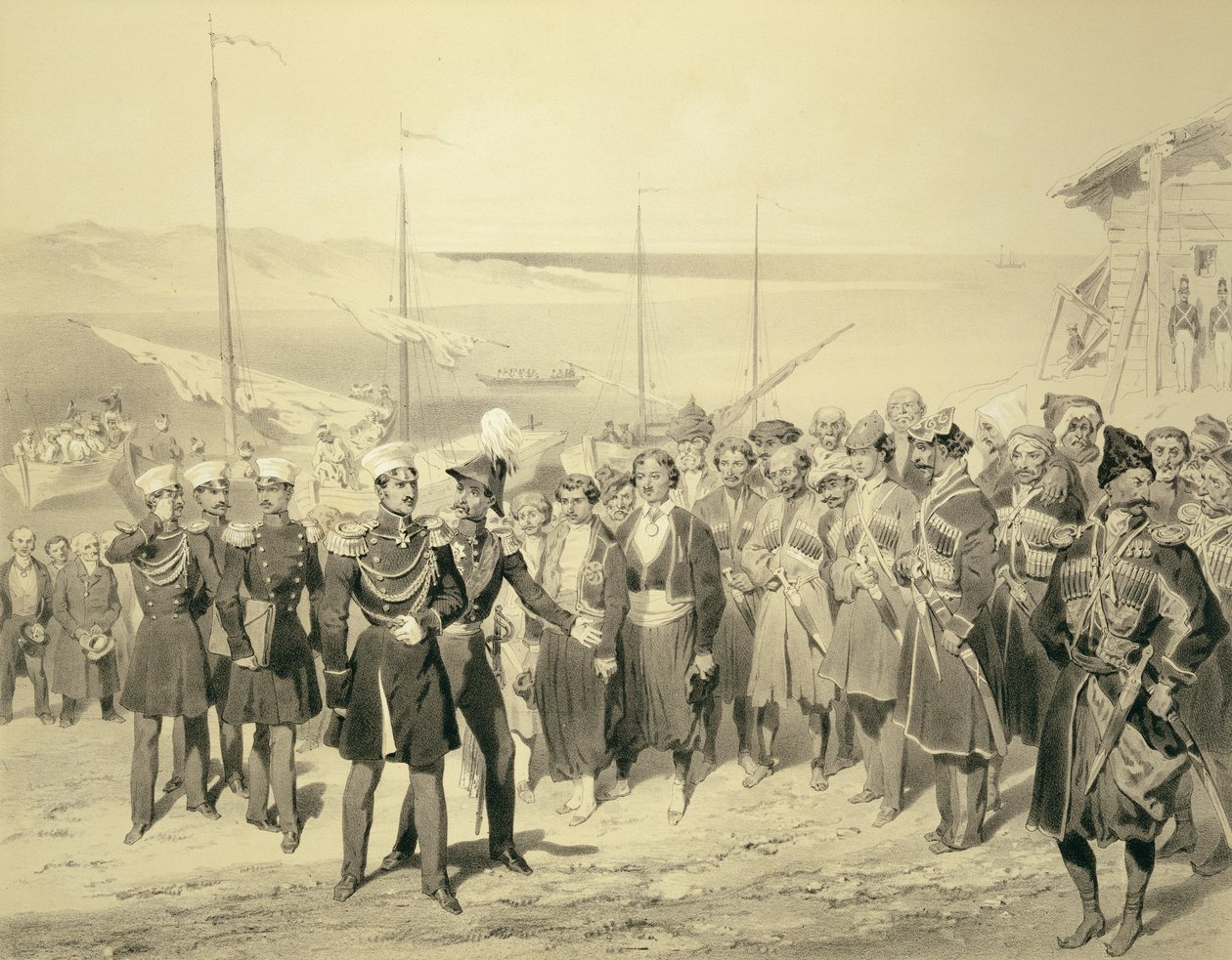 Landstigning av en militär ledare vid Redout-Kale, vid Svarta havet, skylt 5 från en bok om Kaukasus, graverad av Adolphe Jean-Baptiste Bayot (1810-66) utgiven av Alfred Leon Lemercier, Paris, 1847 (l av Grigori Grigorevich Gagarin
