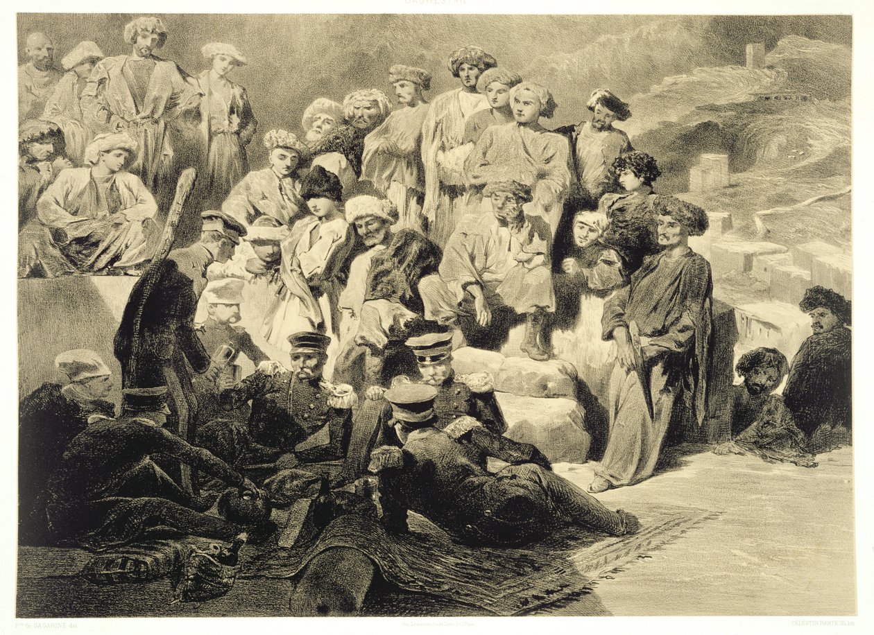 Military Meal in the Ruins at Sioukh, Dagestan, skylt 69 från en bok om Kaukasus, graverad av Celestin Francois Nanteuil (1813-73) publicerad av Alfred Leon Lemercier, Paris, 1847 av Grigori Grigorevich Gagarin