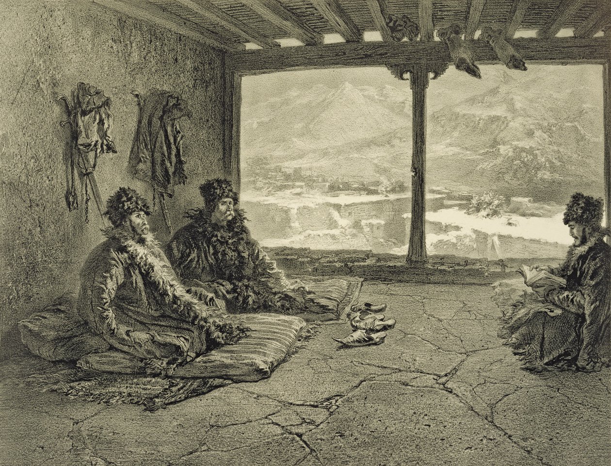 Shariaföreläsning i Khosrakh, Dagestan, plåt 50 från en bok om Kaukasus, graverad av Adolphe Mouilleron (1820-81) utgiven av Alfred Leon Lemercier, Paris, 1847 av Grigori Grigorevich Gagarin