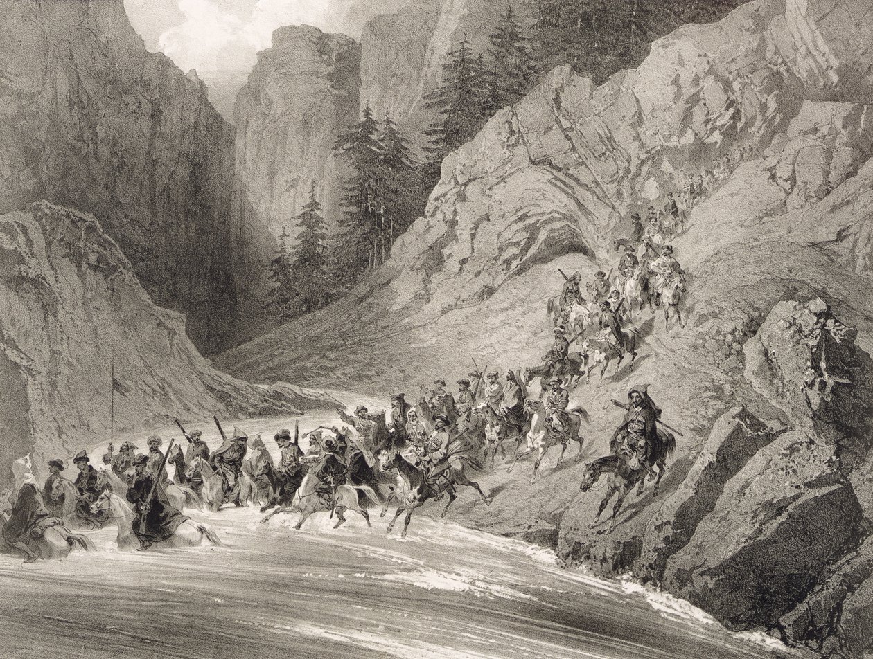 Tcherkersseians on a Raid near the Black Sea, skylt 4, från en bok om Kaukasus, graverad av Eugene Ciceri (1813-90) och Adolphe Jean-Baptiste Bayot (1810-66), utgiven av Alfred Leon Lemercier, P av Grigori Grigorevich Gagarin