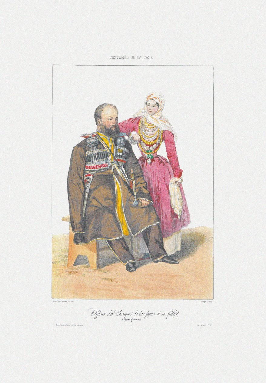 Terek Cossack with Daughter Från: Scener, paysages, meurs et costumes du Caucase, 1840 av Grigori Grigorevich Gagarin