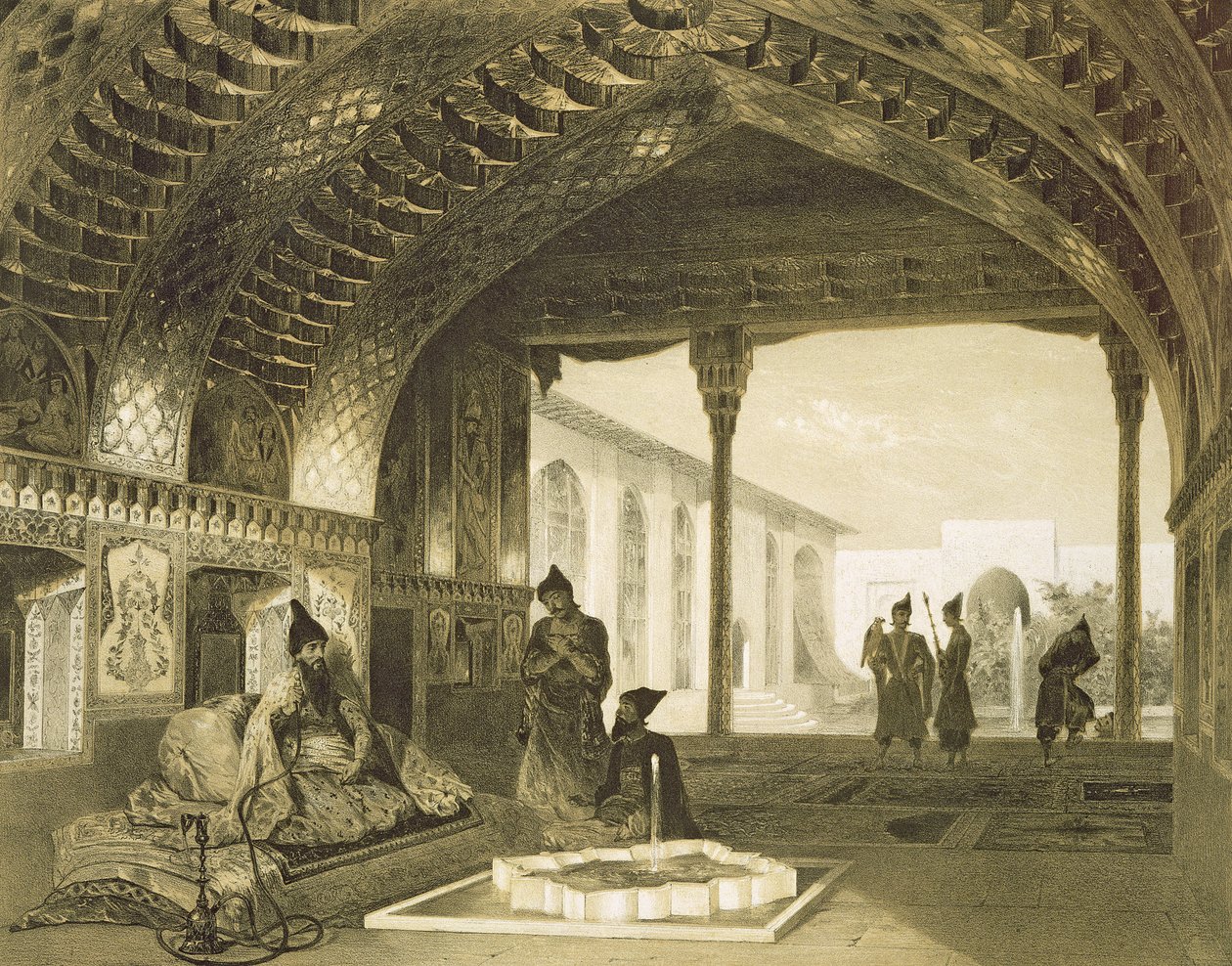 Spegelsalen i Palace of the Sardar of Yerevan, Armenien, skylt 17 från en bok om Kaukasus, graverad av Charles Claude Bachelier och Celestin Francois Nanteuil (1813-73) pub. av Alfred av Grigori Grigorevich Gagarin