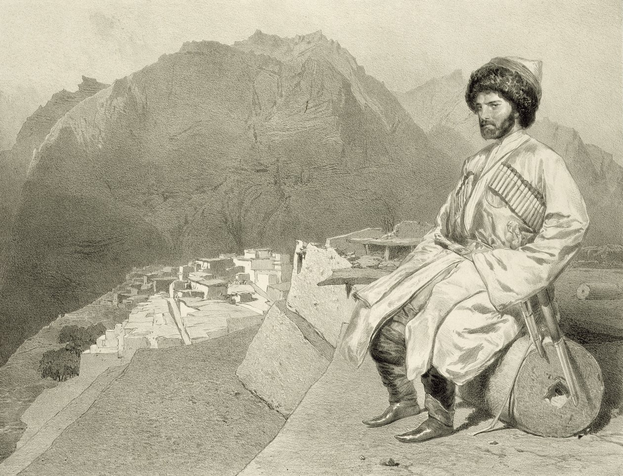 Vy över Ghimri och porträtt av Hadji-Mourad, skylt 66 från en bok om Kaukasus, graverad av Jules Joseph Augustin Laurens (1825-1901) och Eugene Ciceri (1813-90) av Adolphe Mouilleron (1820-81), pu av Grigori Grigorevich Gagarin