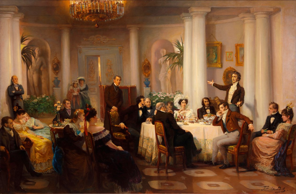 Pushkin och hans vänner lyssnar på Adam Mickiewicz i prinsessan Zinaida Volkonskayas salong, 1899 av Grigori Grigorievich Mjasoedov