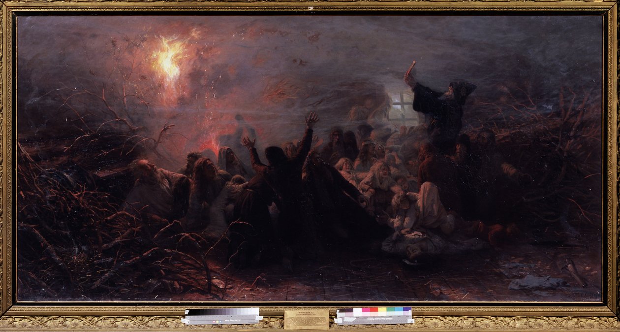 Självbränning. Avsnitt av den ortodoxa kyrkans raskol (eller schism) 1666-1667, i ett tecken på protest mot reformerna av patriarken i Moskva, satte vissa gammaltroende eld på sig själva i rädsla för slutet av e. av Grigori Grigoryevich Myasoedov